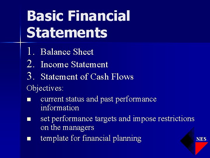 Basic Financial Statements 1. 2. 3. Balance Sheet Income Statement of Cash Flows Objectives: