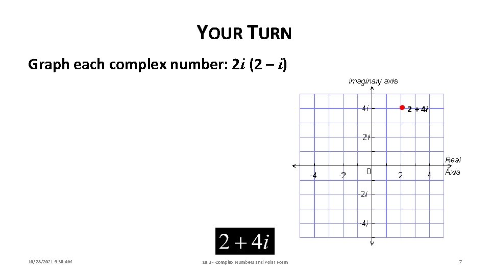 YOUR TURN Graph each complex number: 2 i (2 – i) • 2 +