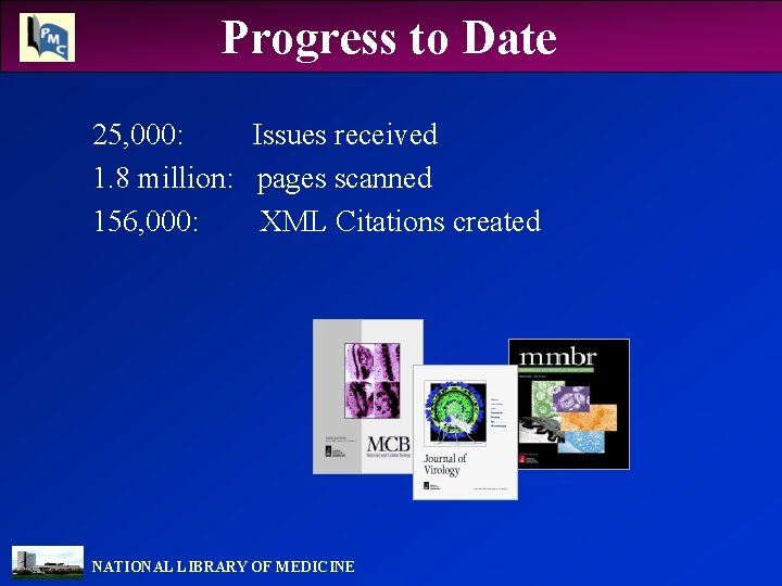 Progress to Date 25, 000: Issues received 1. 8 million: pages scanned 156, 000: