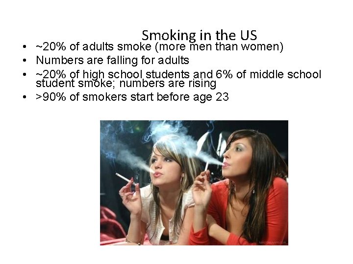 Smoking in the US • ~20% of adults smoke (more men than women) •