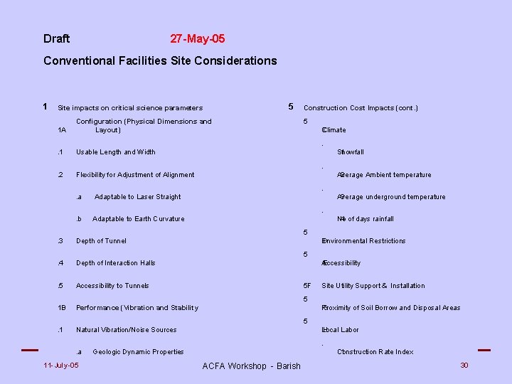 Draft 27 -May-05 Conventional Facilities Site Considerations 1 Site impacts on critical science parameters