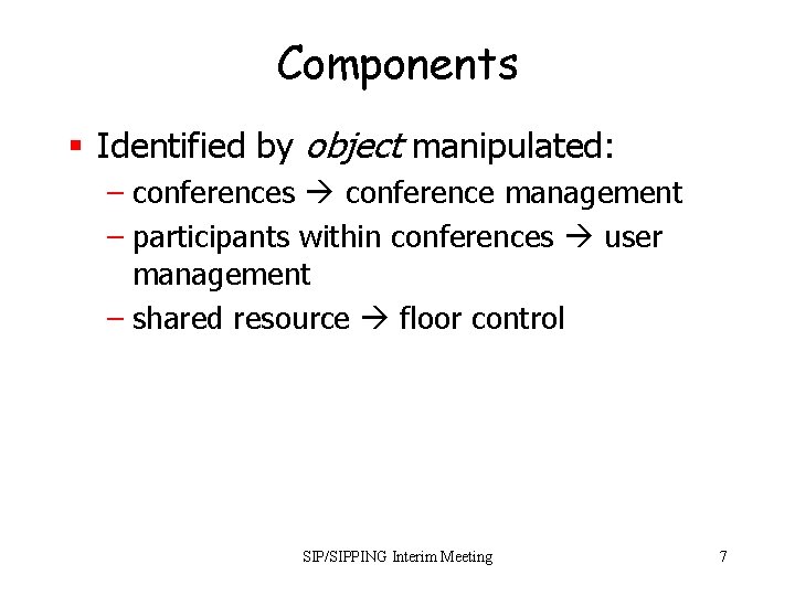 Components § Identified by object manipulated: – conferences conference management – participants within conferences