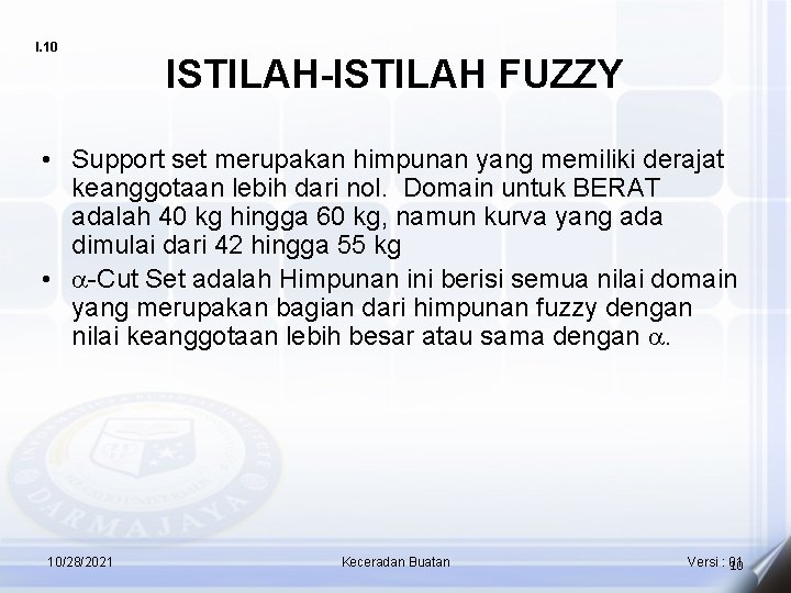 I. 10 ISTILAH-ISTILAH FUZZY • Support set merupakan himpunan yang memiliki derajat keanggotaan lebih