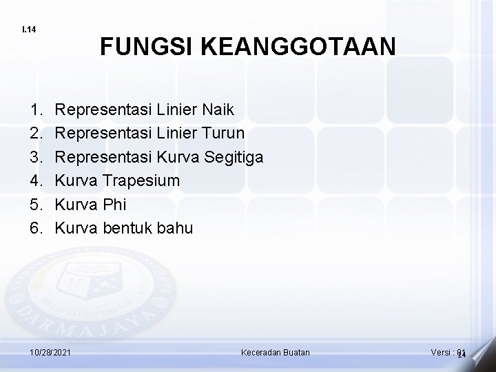 I. 14 1. 2. 3. 4. 5. 6. FUNGSI KEANGGOTAAN Representasi Linier Naik Representasi