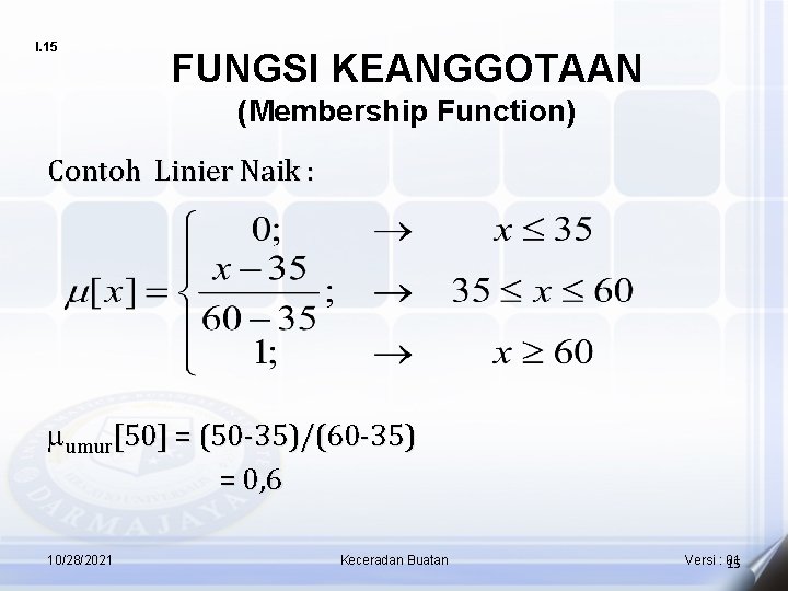 I. 15 FUNGSI KEANGGOTAAN (Membership Function) Contoh Linier Naik : umur[50] = (50 -35)/(60