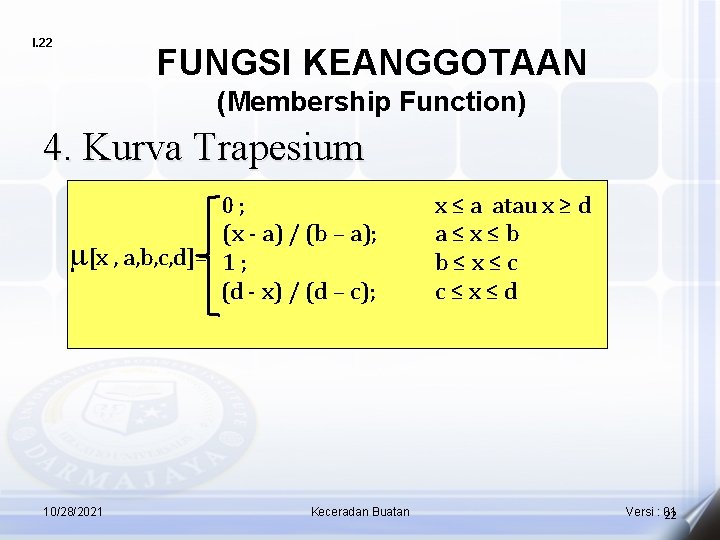 I. 22 FUNGSI KEANGGOTAAN (Membership Function) 4. Kurva Trapesium 0; (x - a) /