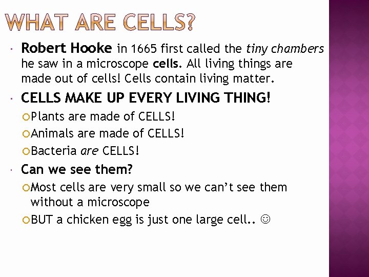  Robert Hooke in 1665 first called the tiny chambers he saw in a