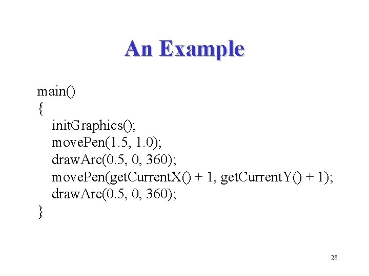 An Example main() { init. Graphics(); move. Pen(1. 5, 1. 0); draw. Arc(0. 5,