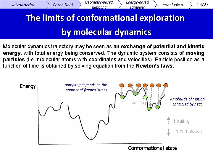 introduction Force field Geometry-based sampling Energy-based sampling conclusion 13/27 The limits of conformational exploration