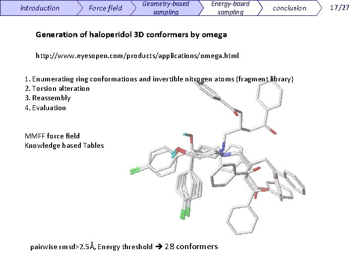 introduction Force field Geometry-based sampling Energy-based sampling conclusion Generation of haloperidol 3 D conformers