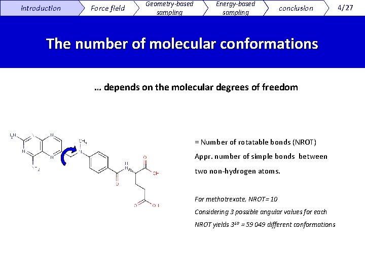 introduction Force field Geometry-based sampling Energy-based sampling conclusion The number of molecular conformations …