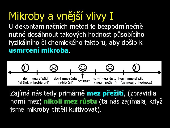 Mikroby a vnější vlivy I U dekontaminačních metod je bezpodmínečně nutné dosáhnout takových hodnost