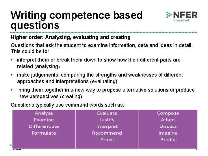 Writing competence based questions Higher order: Analysing, evaluating and creating Questions that ask the