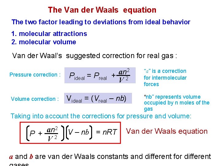 The Van der Waals equation The two factor leading to deviations from ideal behavior