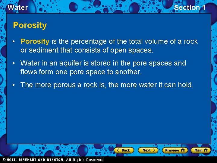 Water Section 1 Porosity • Porosity is the percentage of the total volume of