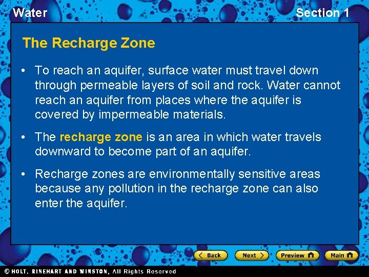 Water Section 1 The Recharge Zone • To reach an aquifer, surface water must