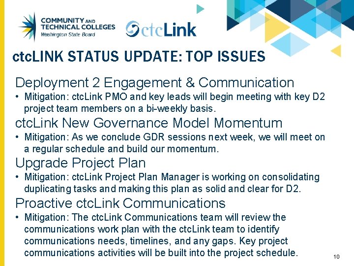 ctc. LINK STATUS UPDATE: TOP ISSUES Deployment 2 Engagement & Communication • Mitigation: ctc.
