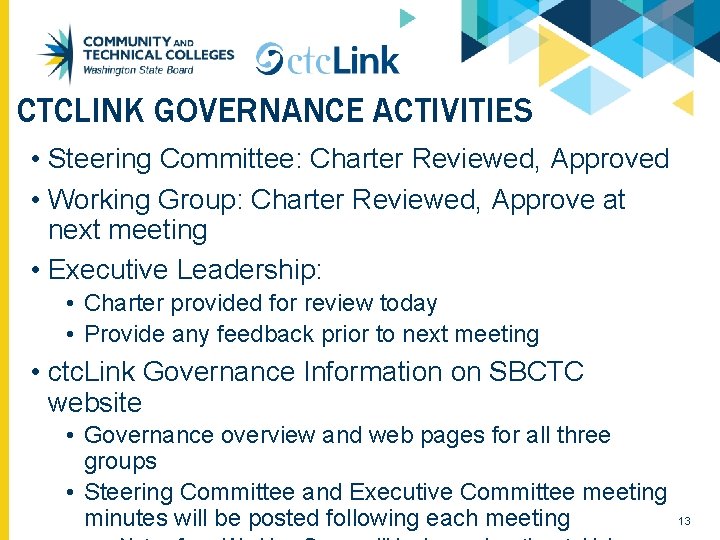 CTCLINK GOVERNANCE ACTIVITIES • Steering Committee: Charter Reviewed, Approved • Working Group: Charter Reviewed,