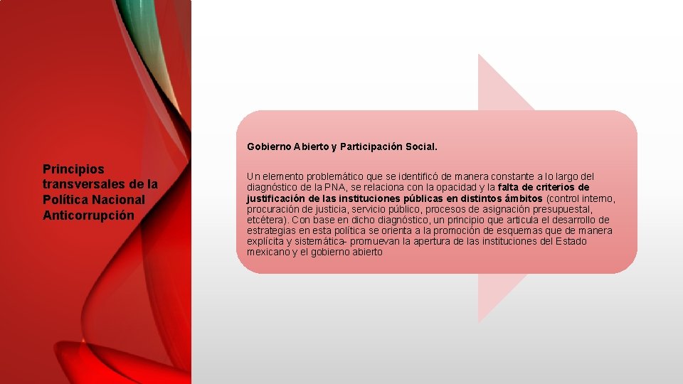 Gobierno Abierto y Participación Social. Principios transversales de la Política Nacional Anticorrupción Un elemento