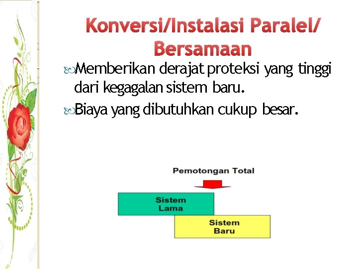 Konversi/Instalasi Paralel/ Bersamaan Memberikan derajat proteksi yang tinggi dari kegagalan sistem baru. Biaya yang