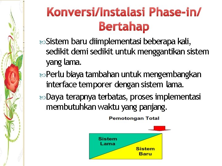 Konversi/Instalasi Phase-in/ Bertahap Sistem baru diimplementasi beberapa kali, sedikit demi sedikit untuk menggantikan sistem