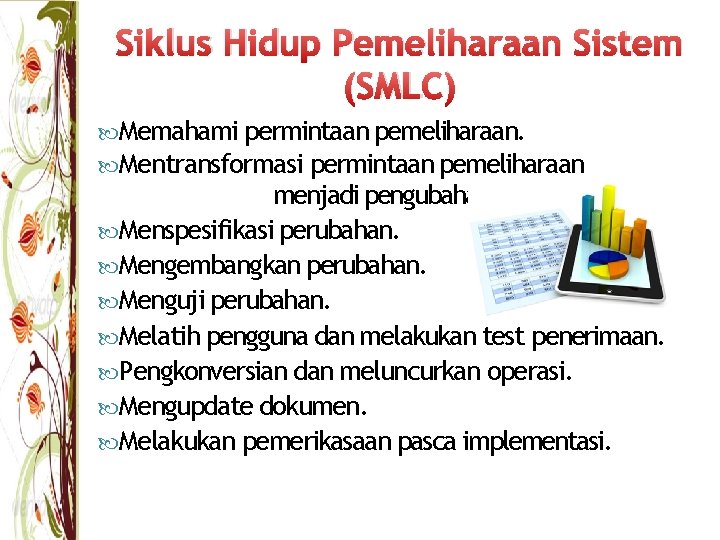 Siklus Hidup Pemeliharaan Sistem (SMLC) Memahami permintaan pemeliharaan. Mentransformasi permintaan pemeliharaan menjadi pengubahan. Menspesifikasi