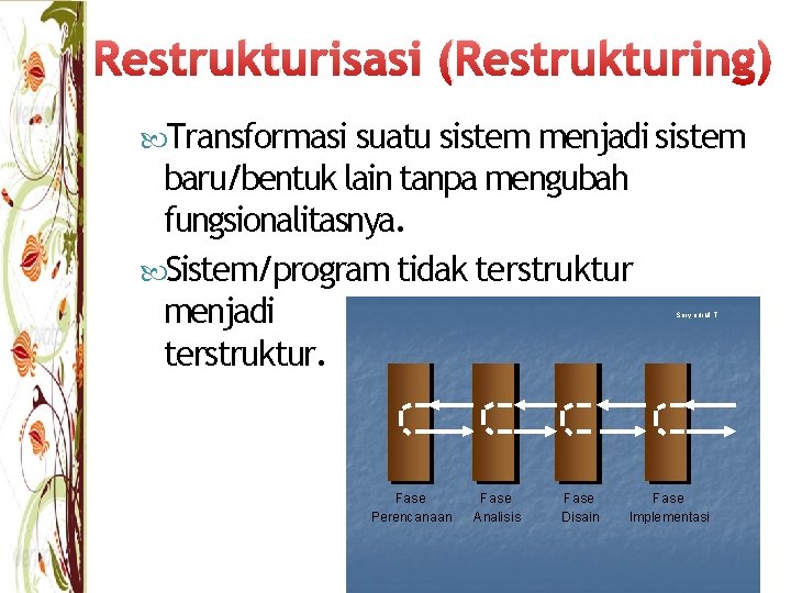 Restrukturisasi (Restrukturing) Transformasi suatu sistem menjadi sistem baru/bentuk lain tanpa mengubah fungsionalitasnya. Sistem/program tidak