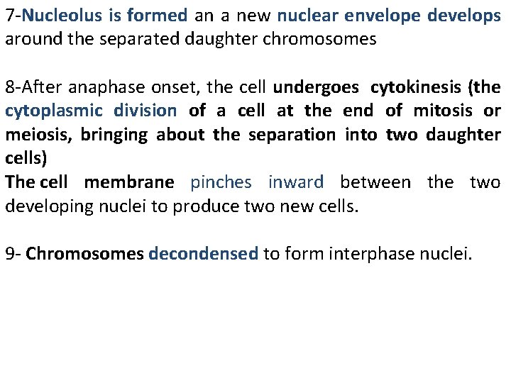 7 -Nucleolus is formed an a new nuclear envelope develops around the separated daughter