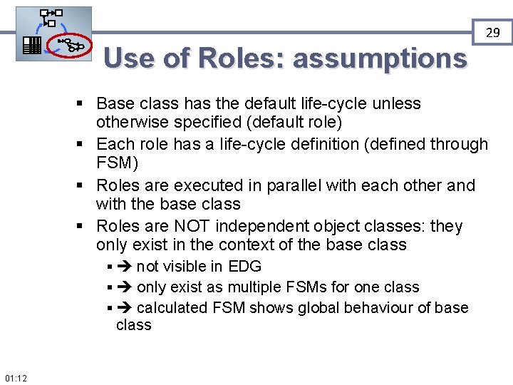 29 Use of Roles: assumptions § Base class has the default life-cycle unless otherwise