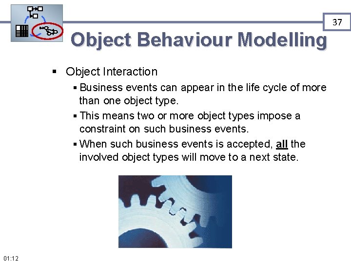 37 Object Behaviour Modelling § Object Interaction § Business events can appear in the