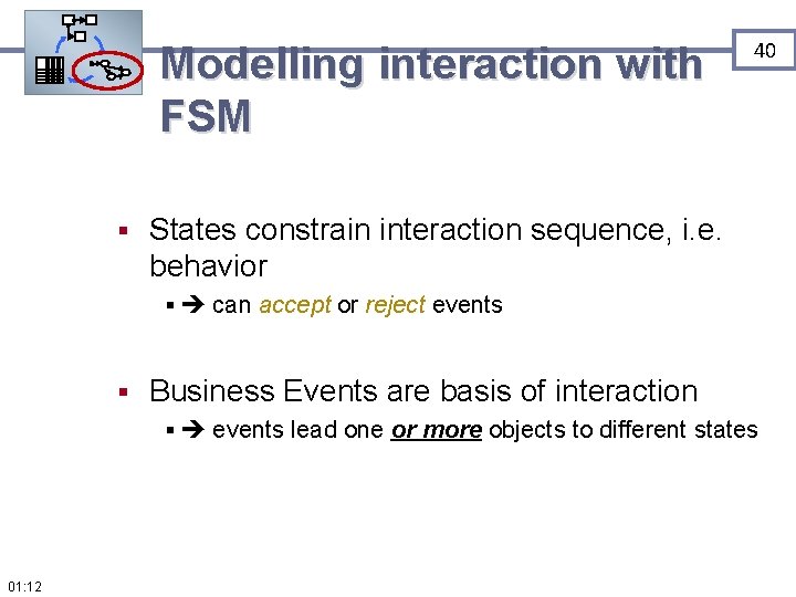 Modelling interaction with FSM § 40 States constrain interaction sequence, i. e. behavior §