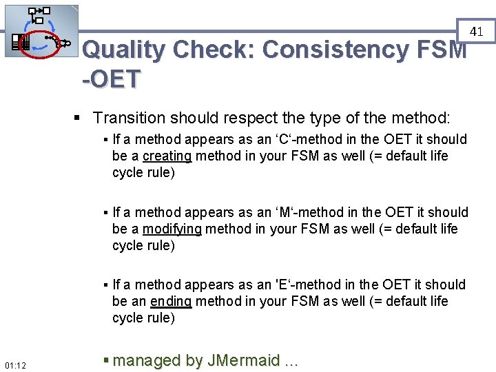 Quality Check: Consistency FSM -OET § Transition should respect the type of the method: