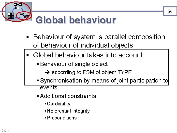 56 Global behaviour § Behaviour of system is parallel composition of behaviour of individual
