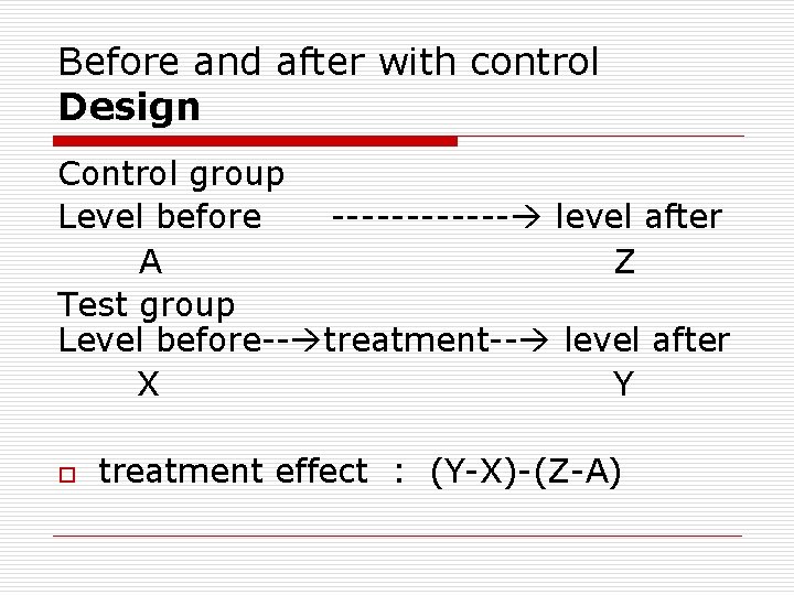 Before and after with control Design Control group Level before ------ level after A