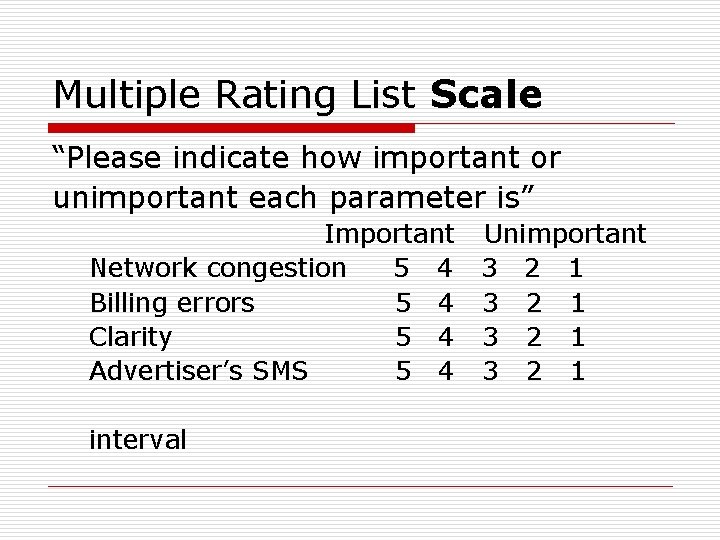 Multiple Rating List Scale “Please indicate how important or unimportant each parameter is” Important