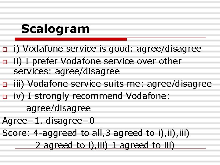 Scalogram i) Vodafone service is good: agree/disagree o ii) I prefer Vodafone service over