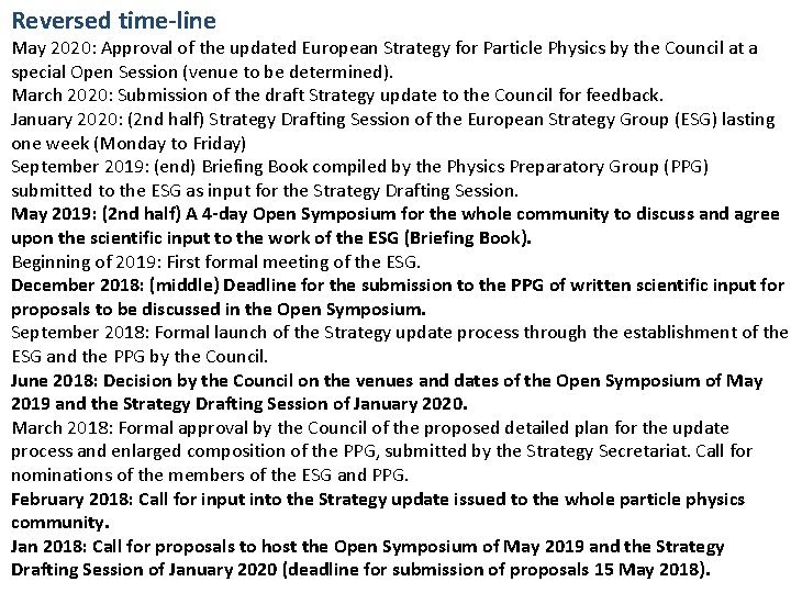 Reversed time-line May 2020: Approval of the updated European Strategy for Particle Physics by