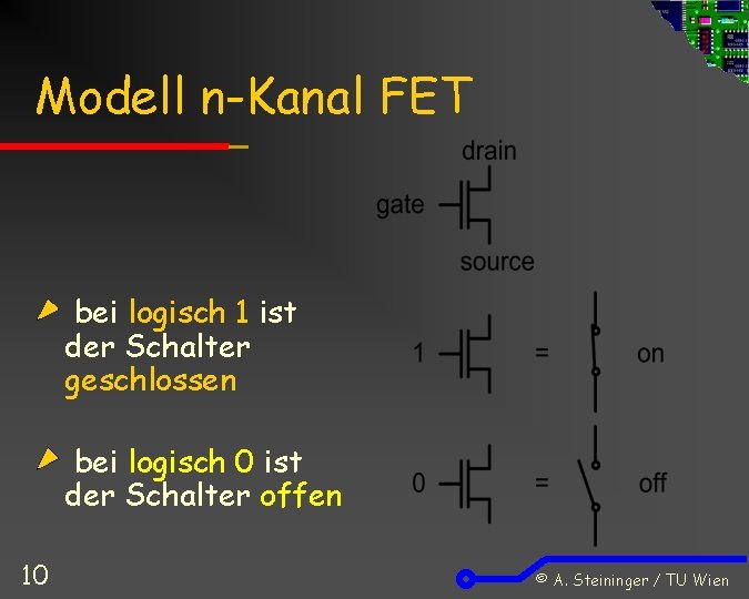 Modell n-Kanal FET bei logisch 1 ist der Schalter geschlossen bei logisch 0 ist