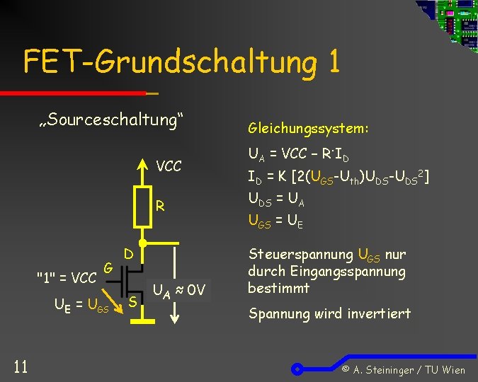 FET-Grundschaltung 1 „Sourceschaltung“ VCC "1" = VCC G UE = UGS 11 UA =