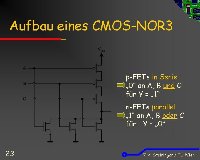 Aufbau eines CMOS-NOR 3 p-FETs in Serie „ 0“ an A, B und C