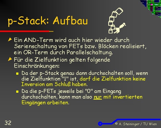 p-Stack: Aufbau Ein AND-Term wird auch hier wieder durch Serienschaltung von FETs bzw. Blöcken