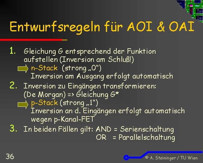 Entwurfsregeln für AOI & OAI 1. 2. 3. 36 Gleichung G entsprechend der Funktion