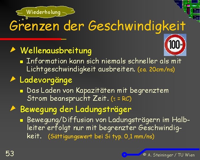 Wiederholung Grenzen der Geschwindigkeit Wellenausbreitung n Information kann sich niemals schneller als mit Lichtgeschwindigkeit