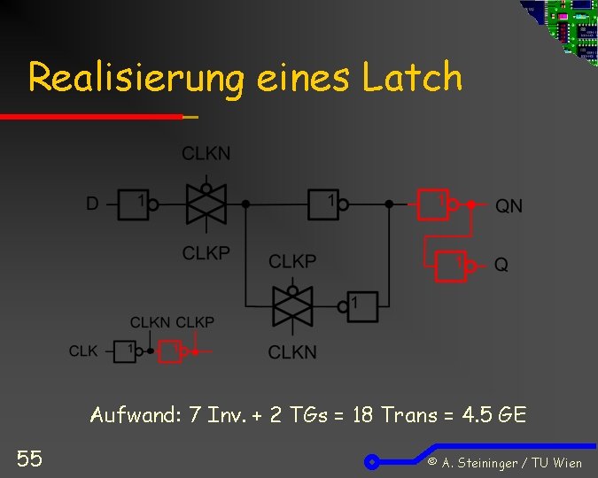 Realisierung eines Latch Aufwand: 7 Inv. + 2 TGs = 18 Trans = 4.