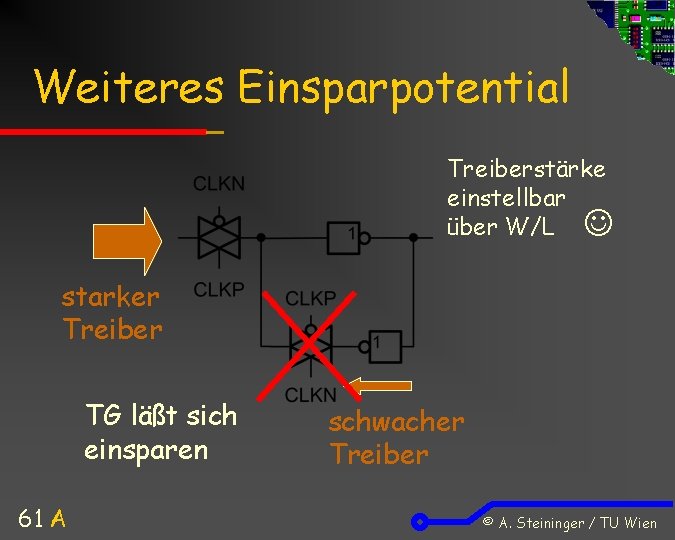 Weiteres Einsparpotential Treiberstärke einstellbar über W/L starker Treiber TG läßt sich einsparen 61 A
