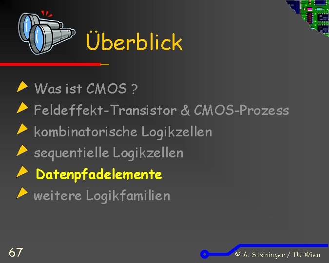 Überblick Was ist CMOS ? Feldeffekt-Transistor & CMOS-Prozess kombinatorische Logikzellen sequentielle Logikzellen Datenpfadelemente weitere
