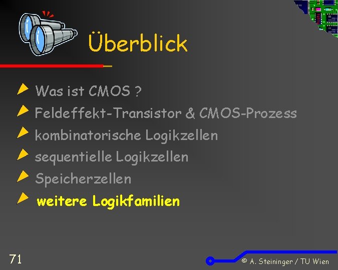 Überblick Was ist CMOS ? Feldeffekt-Transistor & CMOS-Prozess kombinatorische Logikzellen sequentielle Logikzellen Speicherzellen weitere