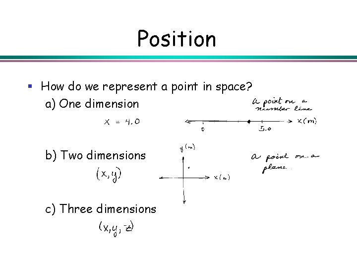 Position § How do we represent a point in space? a) One dimension b)