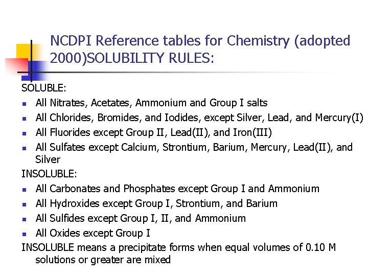 NCDPI Reference tables for Chemistry (adopted 2000)SOLUBILITY RULES: SOLUBLE: n All Nitrates, Acetates, Ammonium