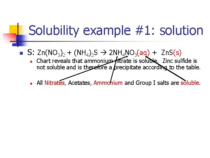 Solubility example #1: solution n S: Zn(NO 3)2 + (NH 4)2 S 2 NH